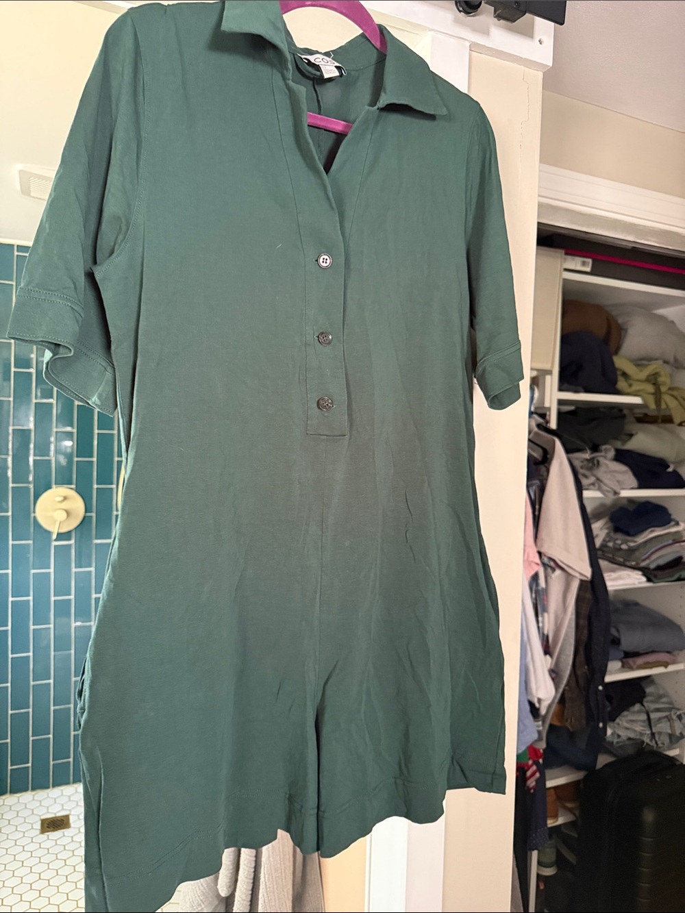 COS Forest Green Short-Sleeve Collared romper
